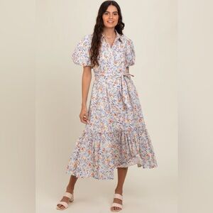 Ivory Chic Floral Midi Dress with Puff Sleeves